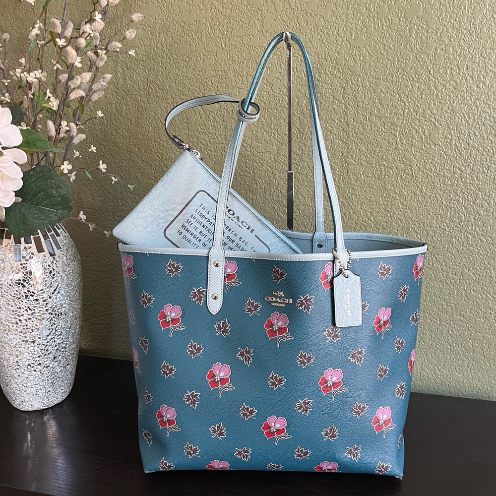 Coach Reversible Tote with Pink Floral Print and Light Blue Interior